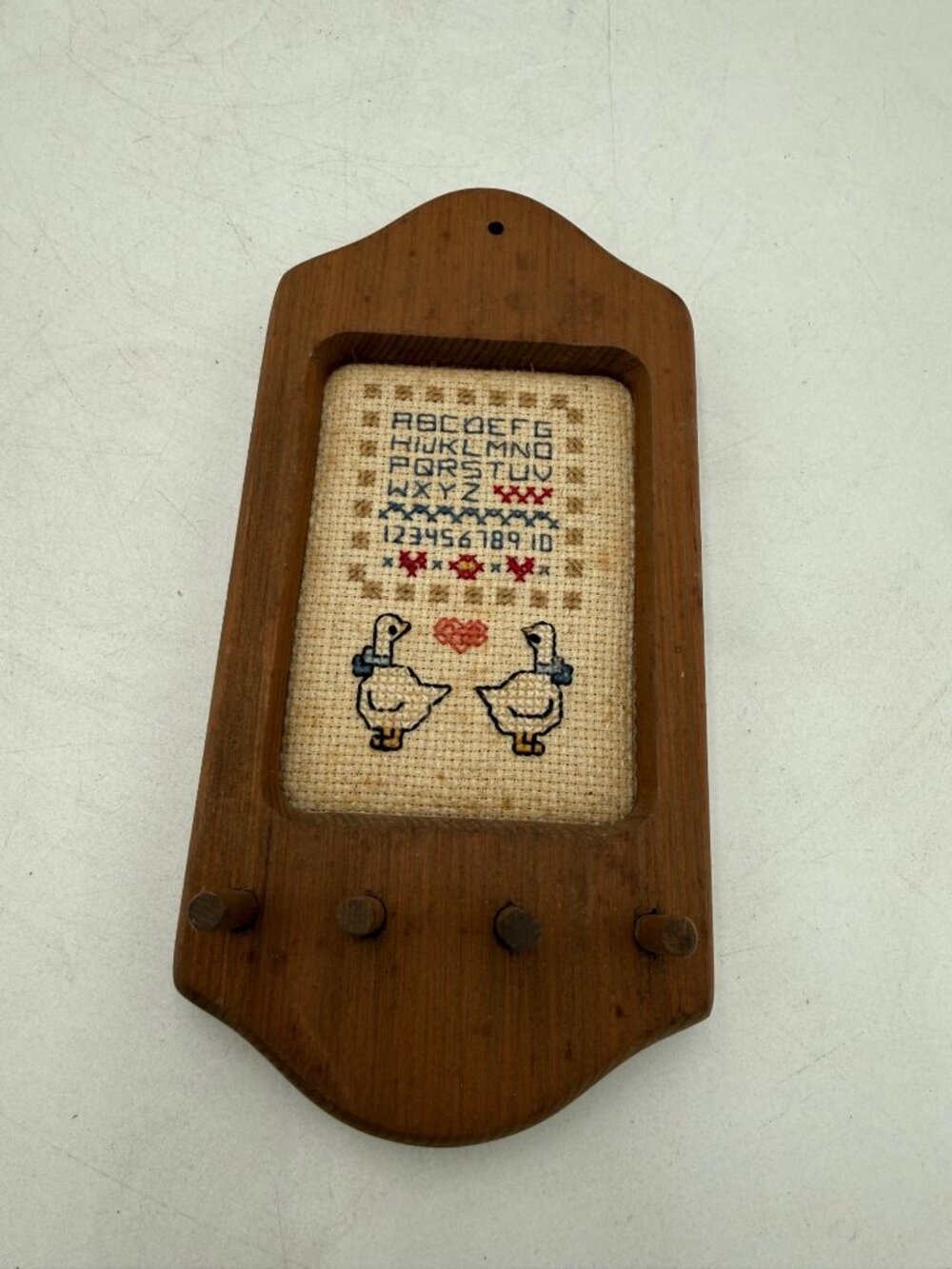 Vintage Wooden Peg Key Holder Wall Hanging Cross-Stitch Alphabet Ducks